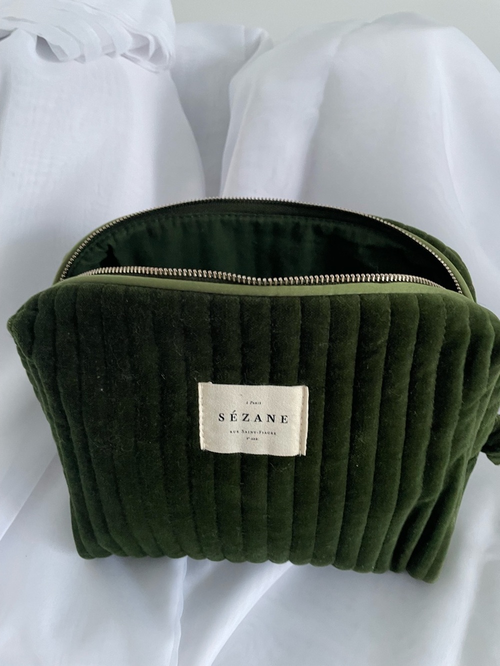 Quilted Velvet Toiletry Pouch in Dark Olive Green